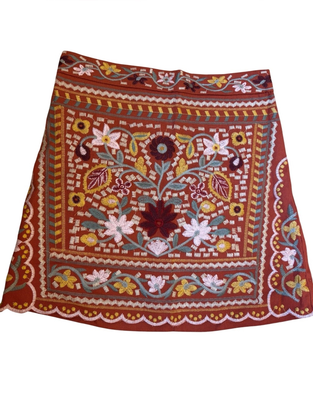 Blue Rain Embroidered Mini Skirt – Rust/Terracotta – Size S